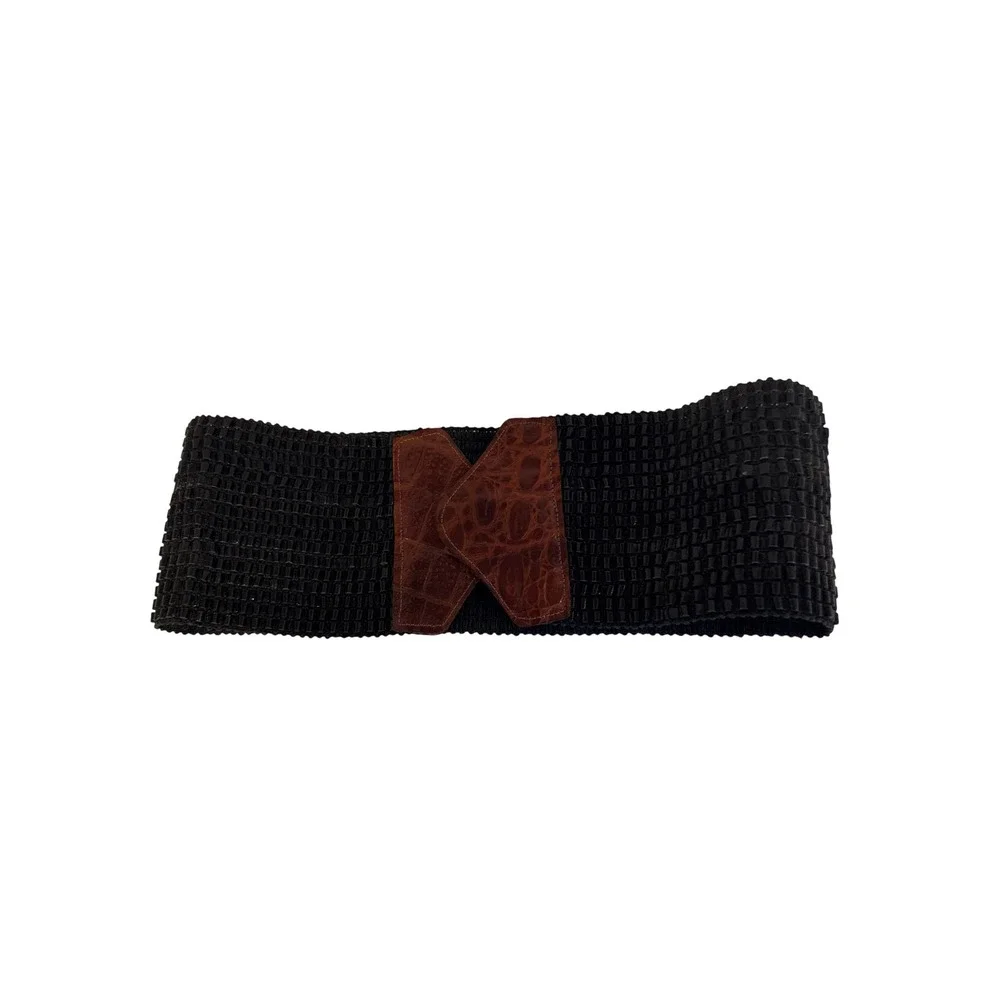 Vintage Wide Elastic Cinch Belt Black Woven Brown Croc Embossed Leather M L 301